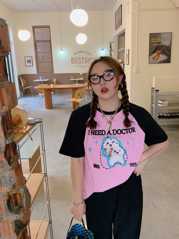 Color-Block Short Sleeve T-Shirt for Women with Shoulder Pads - Stylish Summer 2025 Blouse, Age-Reducing, Trendy Fashion Top