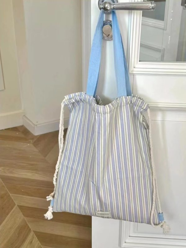 Color-Block Striped Canvas Shoulder Tote Bag - Stylish Drawstring Backpack for Commuting and Everyday Use