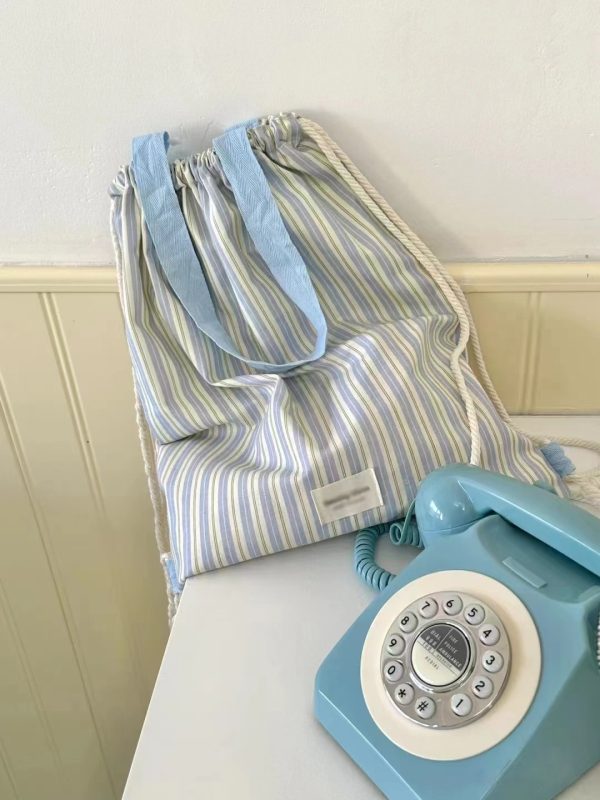 Color-Block Striped Canvas Shoulder Tote Bag - Stylish Drawstring Backpack for Commuting and Everyday Use