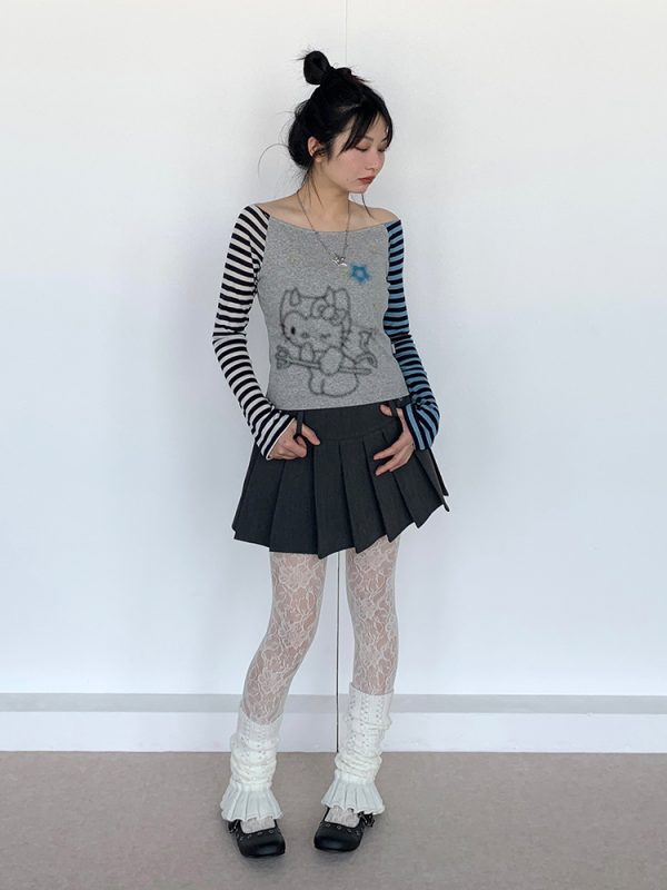 Color-Block Striped Long Sleeve Top with One-Word Collar - Lightweight Summer Fashion for Cool Girls