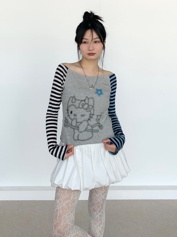 Color-Block Striped Long Sleeve Top with One-Word Collar - Lightweight Summer Fashion for Cool Girls