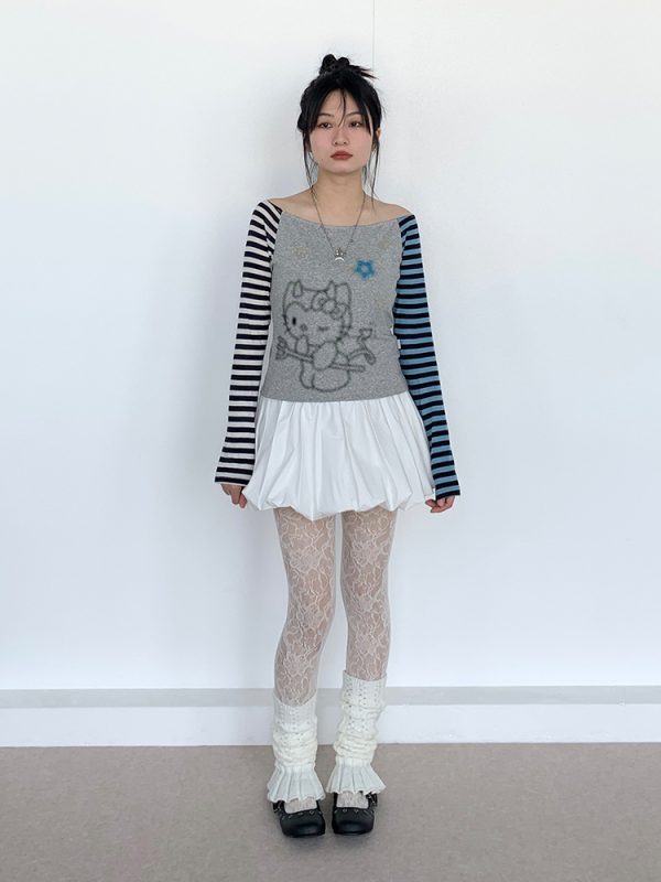 Color-Block Striped Long Sleeve Top with One-Word Collar - Lightweight Summer Fashion for Cool Girls