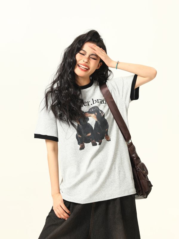 Color-Blocked American Retro Short Sleeve T-Shirt for Women - Trendy Summer Top for Small Dogs - Casual Fashion
