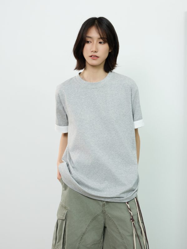 Color-Blocked Cuff Round Neck Short Sleeve T-Shirt for Men - American Retro Summer Casual Top, Y2K Style