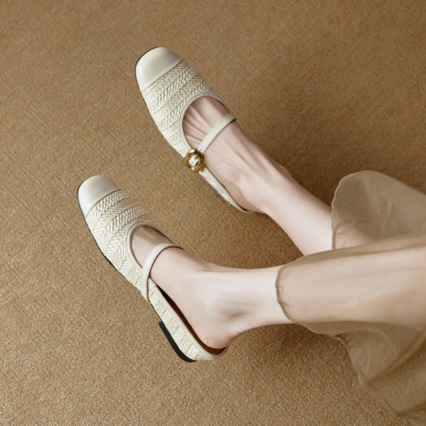Color-Blocked Genuine Leather and Straw Woven Half-Drag Sandals for Women - Casual Height-Increasing Summer Fashion Footwear