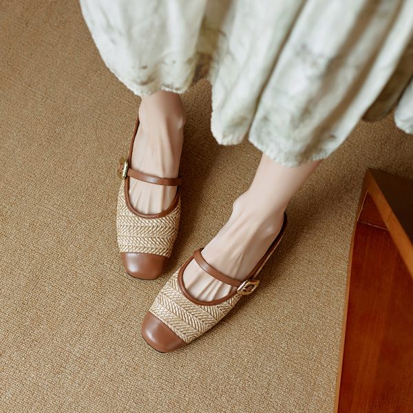Color-Blocked Genuine Leather and Straw Woven Half-Drag Sandals for Women - Casual Height-Increasing Summer Fashion Footwear