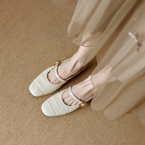 Color-Blocked Genuine Leather and Straw Woven Half-Drag Sandals for Women - Casual Height-Increasing Summer Fashion Footwear