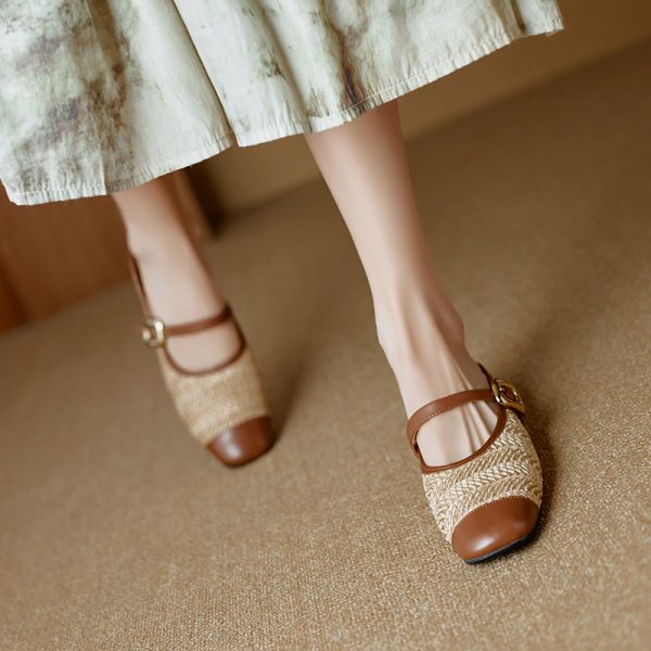 Color-Blocked Genuine Leather and Straw Woven Half-Drag Sandals for Women - Casual Height-Increasing Summer Fashion Footwear