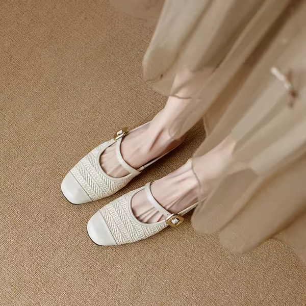 Color-Blocked Genuine Leather and Straw Woven Half-Drag Sandals for Women - Casual Height-Increasing Summer Fashion Footwear