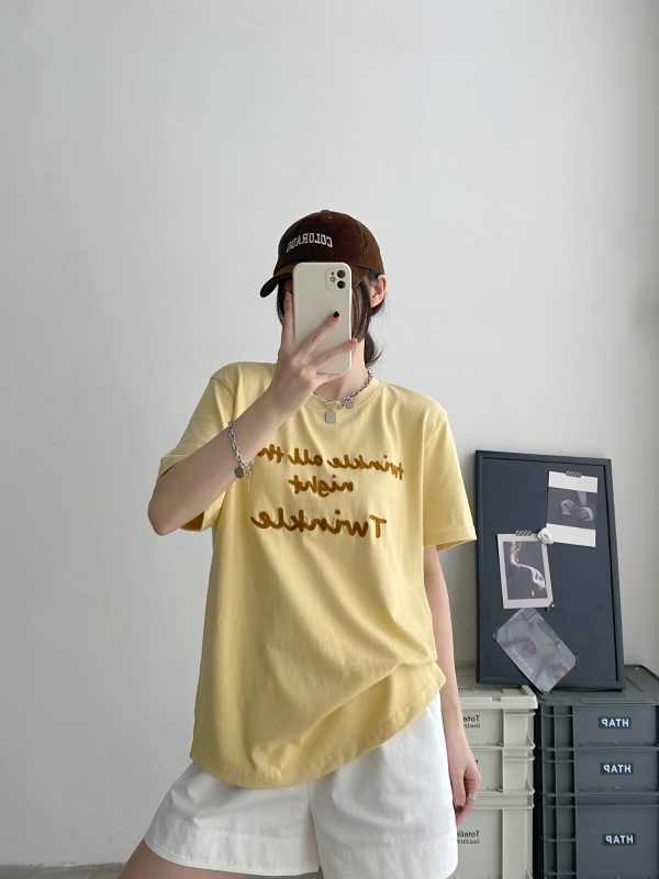 Color-Blocked Letter Embroidery Round Neck Short Sleeve T-Shirt for Women - Summer Loose Fit Slimming Korean Style Top