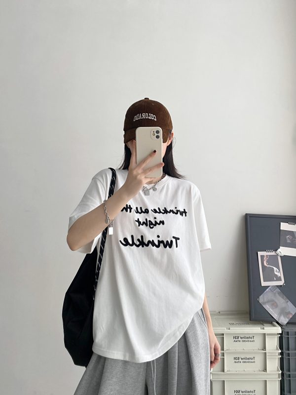 Color-Blocked Letter Embroidery Round Neck Short Sleeve T-Shirt for Women - Summer Loose Fit Slimming Korean Style Top