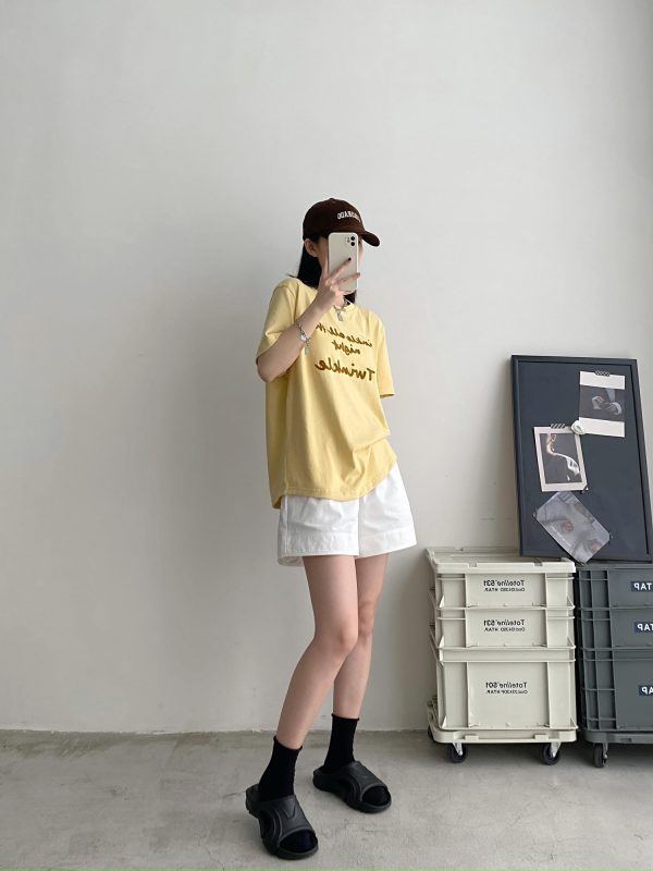 Color-Blocked Letter Embroidery Round Neck Short Sleeve T-Shirt for Women - Summer Loose Fit Slimming Korean Style Top