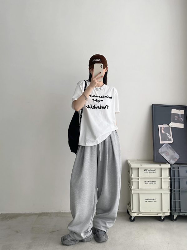 Color-Blocked Letter Embroidery Round Neck Short Sleeve T-Shirt for Women - Summer Loose Fit Slimming Korean Style Top