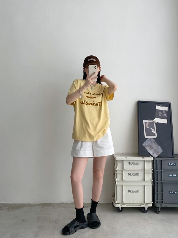 Color-Blocked Letter Embroidery Round Neck Short Sleeve T-Shirt for Women - Summer Loose Fit Slimming Korean Style Top
