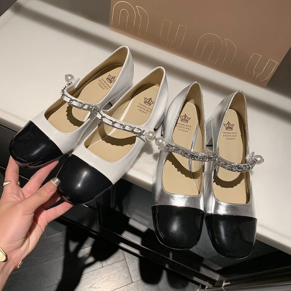 Color-Blocked Mary Jane Shoes - French Temperament, Elegant Evening Flats, Stylish Bridesmaid Footwear, Chic 90s-Inspired Design