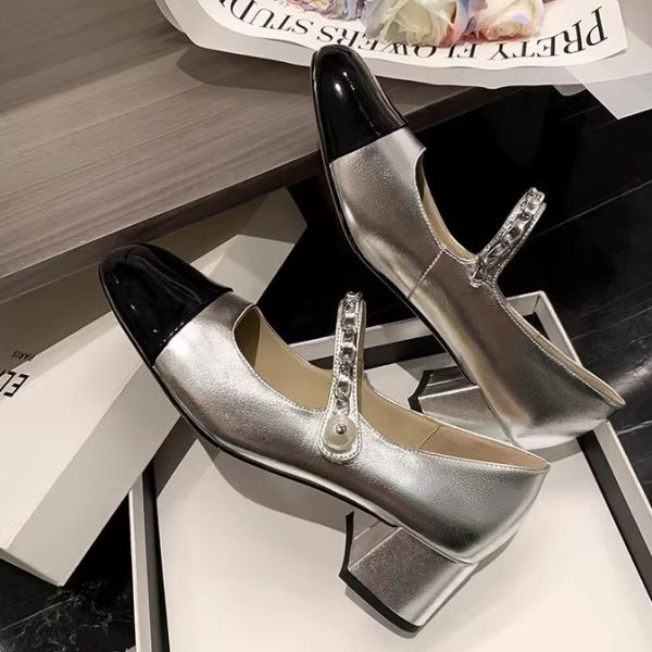 Color-Blocked Mary Jane Shoes - French Temperament, Elegant Evening Flats, Stylish Bridesmaid Footwear, Chic 90s-Inspired Design