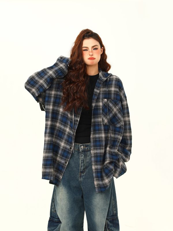 Color-Blocked Plaid Hooded Long Sleeve Shirt for Women - Retro 90s Street Style Loose Fit Trendy Top