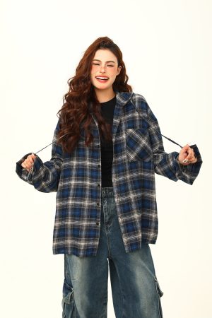 Color-Blocked Plaid Hooded Long Sleeve Shirt for Women - Retro 90s Street Style Loose Fit Trendy Top
