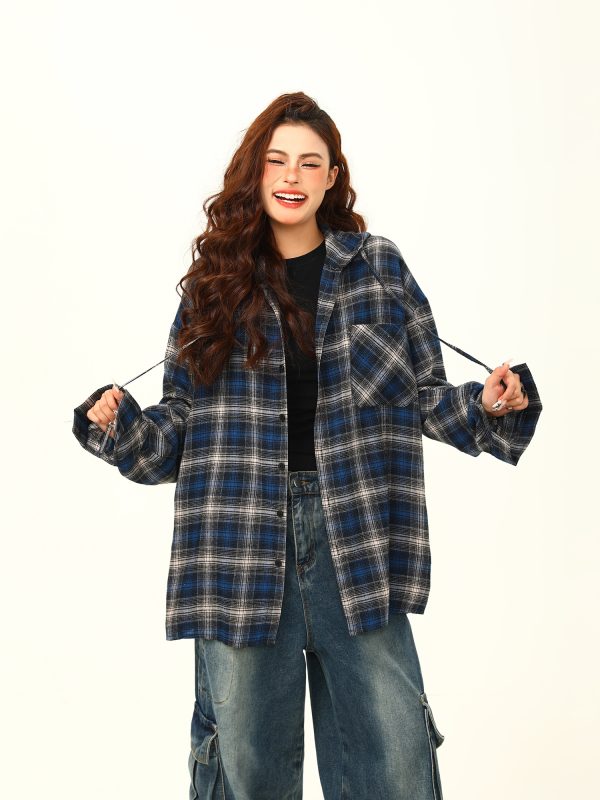 Color-Blocked Plaid Hooded Long Sleeve Shirt for Women - Retro 90s Street Style Loose Fit Trendy Top