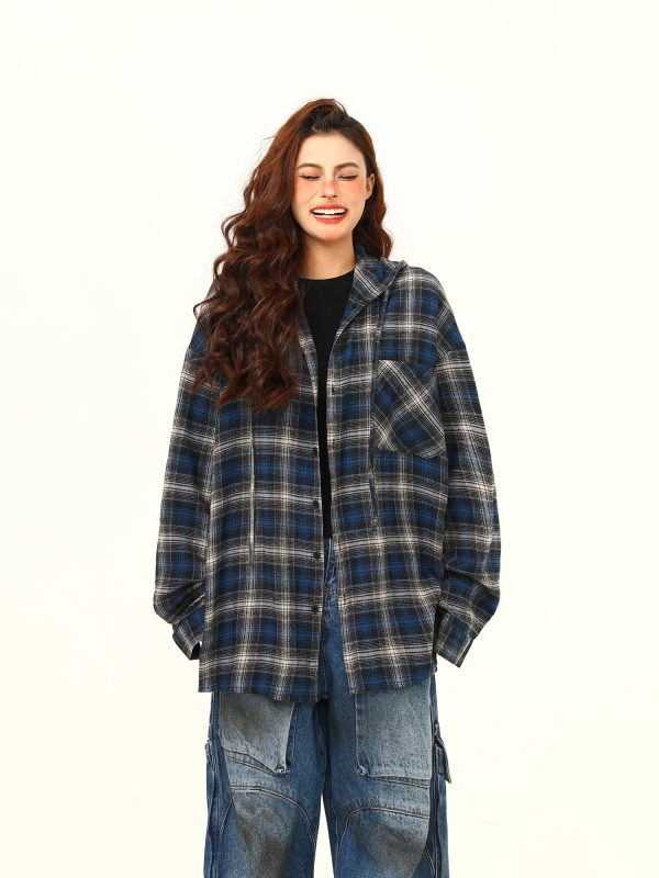 Color-Blocked Plaid Hooded Long Sleeve Shirt for Women - Retro 90s Street Style Loose Fit Trendy Top