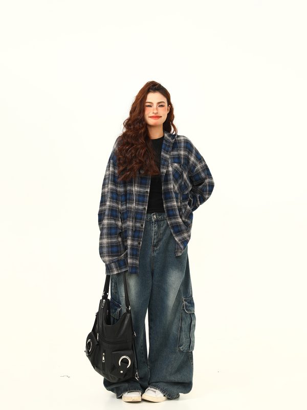 Color-Blocked Plaid Hooded Long Sleeve Shirt for Women - Retro 90s Street Style Loose Fit Trendy Top