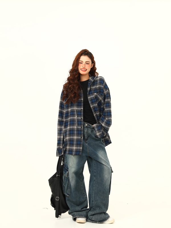 Color-Blocked Plaid Hooded Long Sleeve Shirt for Women - Retro 90s Street Style Loose Fit Trendy Top