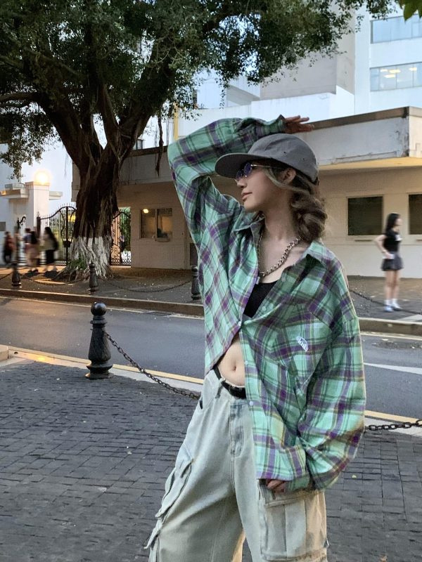 Color-Blocked Plaid Long Sleeve Shirt Jacket for Men and Women - Retro Loose-Fit, Versatile Spring Autumn Top with Pockets