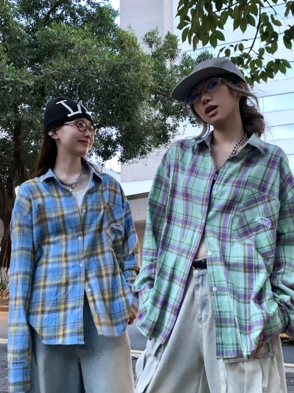 Color-Blocked Plaid Long Sleeve Shirt Jacket for Men and Women - Retro Loose-Fit, Versatile Spring Autumn Top with Pockets