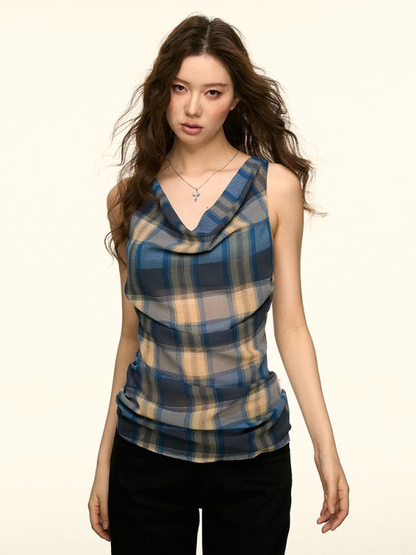 Color-Blocked Plaid Ruffled Neckline Vest for Women - Summer Sleeveless Top, Trendy American Style, Hot Girl Fashion