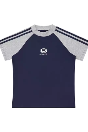 Color-Blocked Raglan Sleeve T-Shirt for Women - Slim-Fit, Stretchy Summer Top with Letter Print - 90s Inspired Style