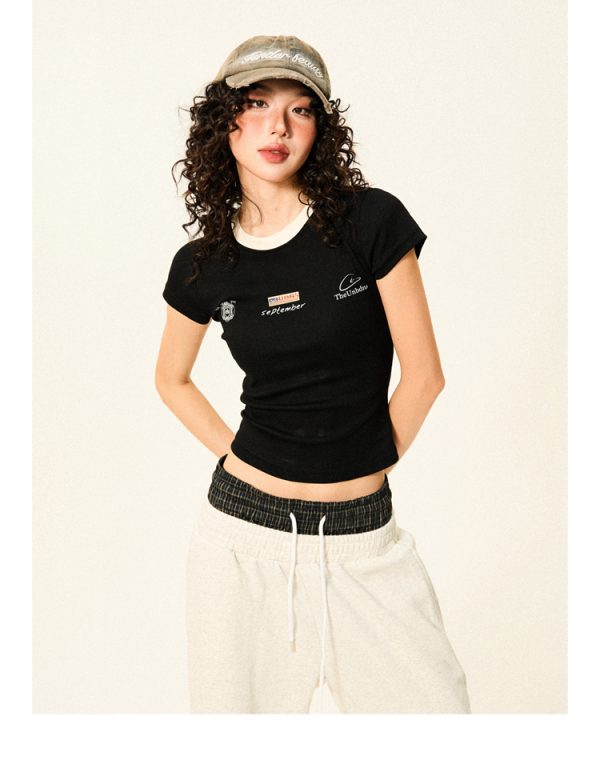 Color-Blocked Short Sleeve T-Shirt for Women - Retro Summer Slim-Fit Cropped Top, Casual 90s Sports Style