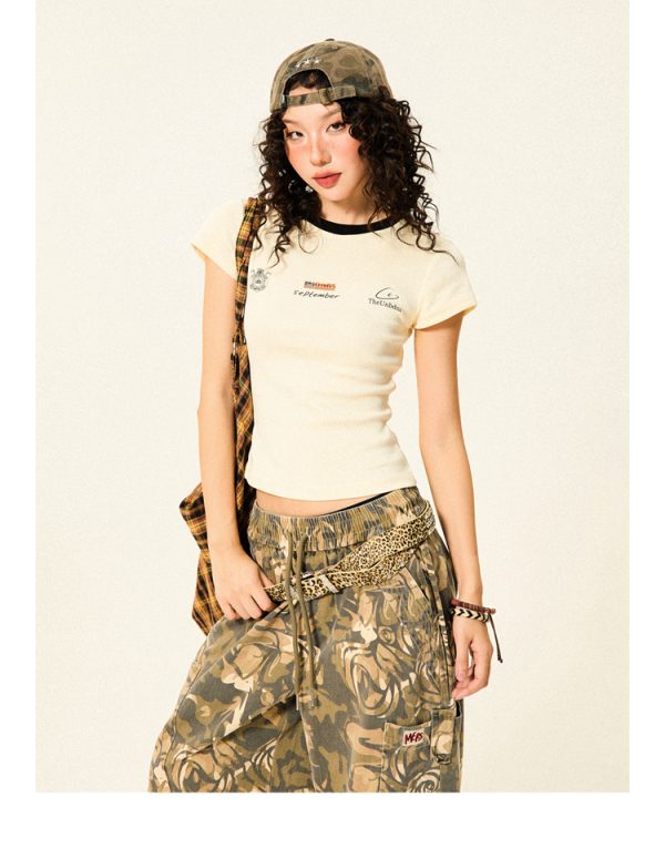Color-Blocked Short Sleeve T-Shirt for Women - Retro Summer Slim-Fit Cropped Top, Casual 90s Sports Style