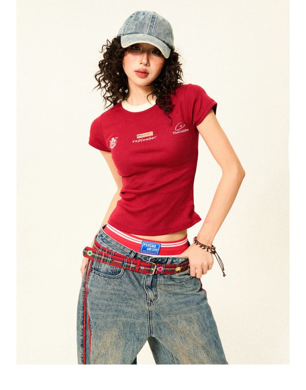 Color-Blocked Short Sleeve T-Shirt for Women - Retro Summer Slim-Fit Cropped Top, Casual 90s Sports Style