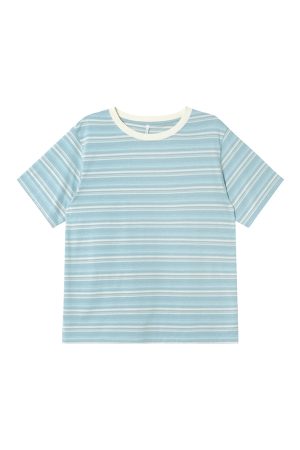 Color-Blocked Striped Short-Sleeve T-Shirt for Women â€“ Loose Slimming Round Neck Top in Petite Sizes, Spring Summer 2025 Fashion