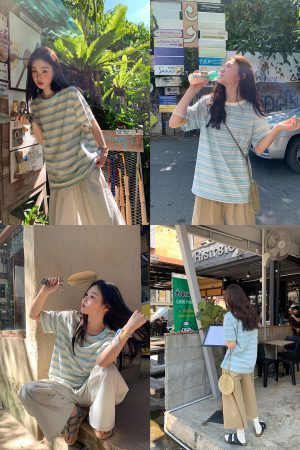 Color-Blocked Striped Short-Sleeve T-Shirt for Women â€“ Loose Slimming Round Neck Top in Petite Sizes, Spring Summer 2025 Fashion