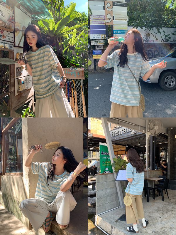 Color-Blocked Striped Short-Sleeve T-Shirt for Women â€“ Loose Slimming Round Neck Top in Petite Sizes, Spring Summer 2025 Fashion