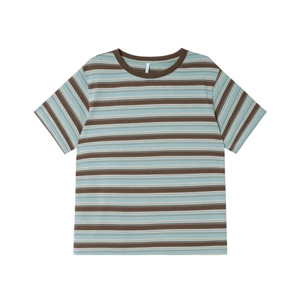 Color-Blocked Striped Short-Sleeve T-Shirt for Women â€“ Loose Slimming Round Neck Top in Petite Sizes, Spring Summer 2025 Fashion