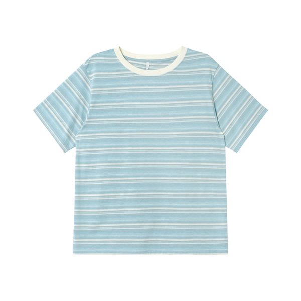 Color-Blocked Striped Short-Sleeve T-Shirt for Women â€“ Loose Slimming Round Neck Top in Petite Sizes, Spring Summer 2025 Fashion