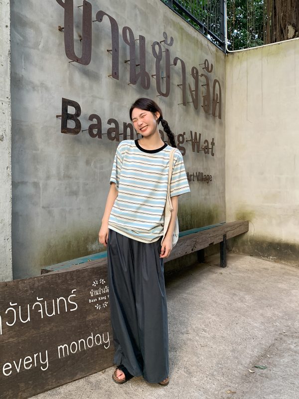 Color-Blocked Striped Short-Sleeve T-Shirt for Women â€“ Loose Slimming Round Neck Top in Petite Sizes, Spring Summer 2025 Fashion