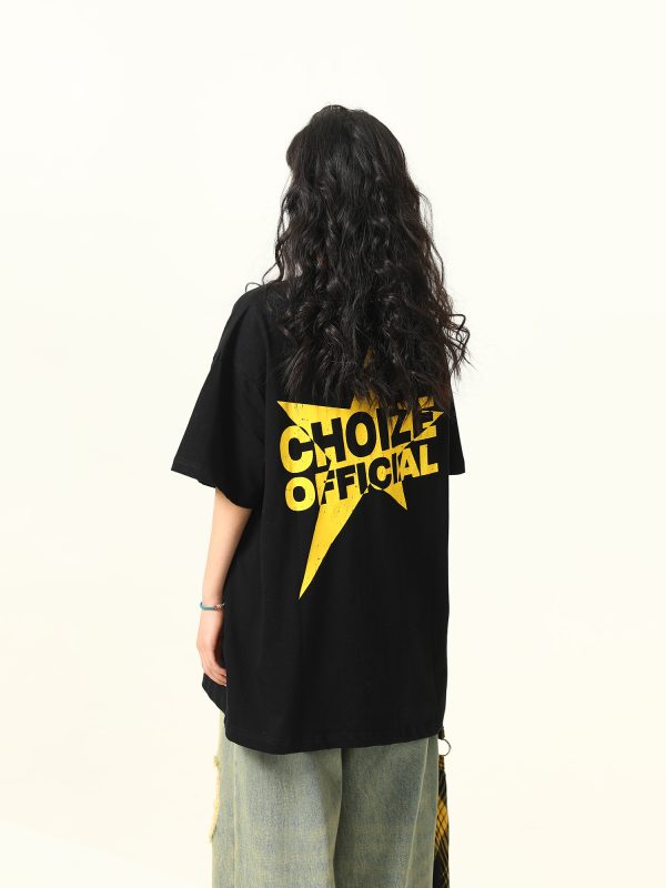 Color-Blocking American Street Star Print Short-Sleeve T-Shirt for Men and Women - Trendy Loose Fit Couple Top