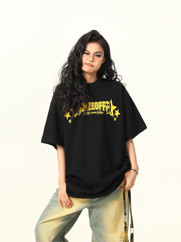 Color-Blocking American Street Star Print Short-Sleeve T-Shirt for Men and Women - Trendy Loose Fit Couple Top