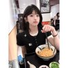 Color-Blocking Black Short Sleeve T-Shirt for Women - Sexy Slim Fit Summer Top in American Style