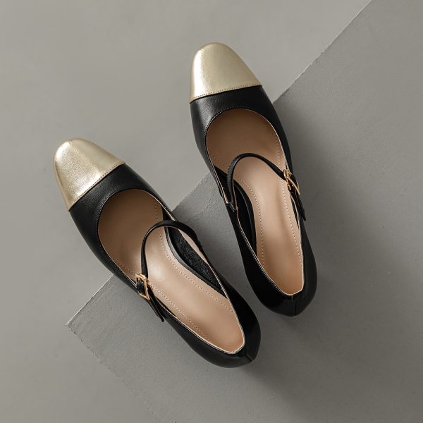 Color-Blocking Genuine Leather Mary Jane Shoes for Women - French Artistic Style, Medium Heel, Round Toe, Chic and Elegant