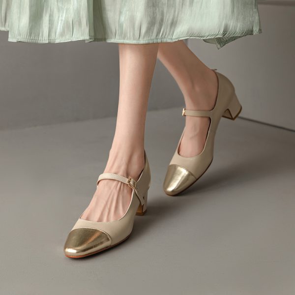 Color-Blocking Genuine Leather Mary Jane Shoes for Women - French Artistic Style, Medium Heel, Round Toe, Chic and Elegant