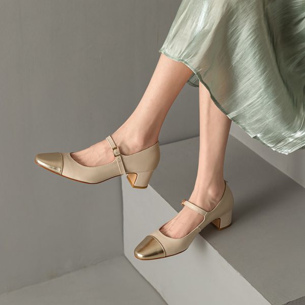Color-Blocking Genuine Leather Mary Jane Shoes for Women - French Artistic Style, Medium Heel, Round Toe, Chic and Elegant