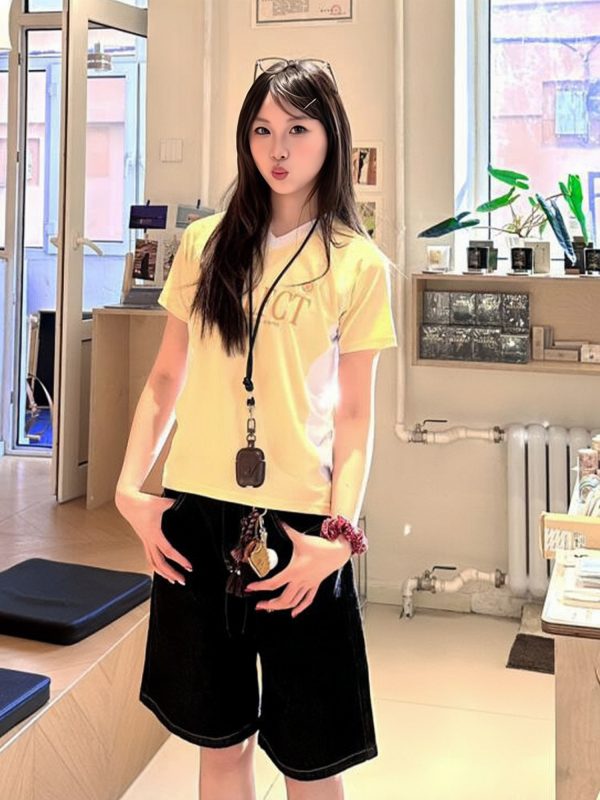 Color-Blocking Jersey T-Shirt for Women - Summer V-Neck Short Sleeve, College Style Casual Top, American Athletic Fashion