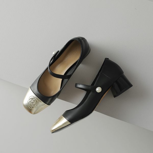 Color-Blocking Leather Mary Jane Shoes for Women - Artistic Camellia Design, Square-Toe, Mid-Heel - Spring Fashion