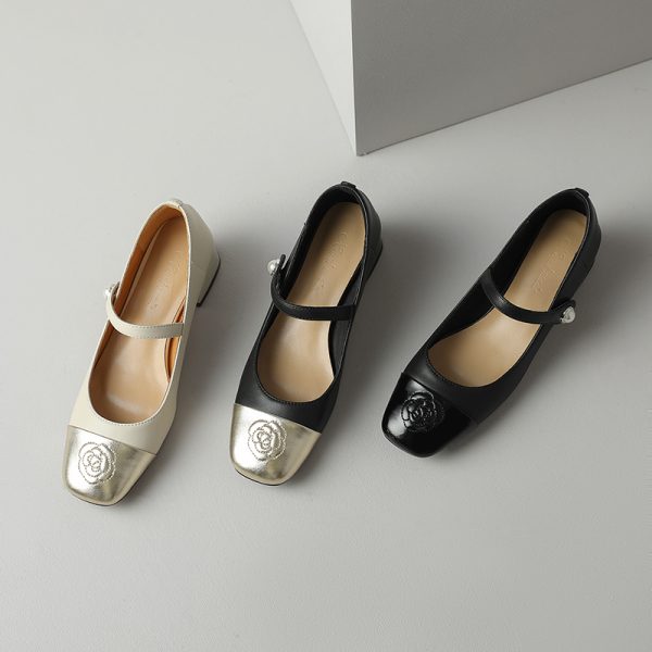 Color-Blocking Leather Mary Jane Shoes for Women - Artistic Camellia Design, Square-Toe, Mid-Heel - Spring Fashion