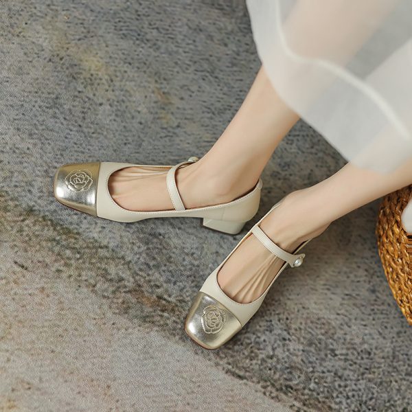Color-Blocking Leather Mary Jane Shoes for Women - Artistic Camellia Design, Square-Toe, Mid-Heel - Spring Fashion