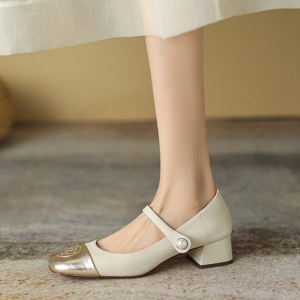 Color-Blocking Leather Mary Jane Shoes for Women - Artistic Camellia Design, Square-Toe, Mid-Heel - Spring Fashion